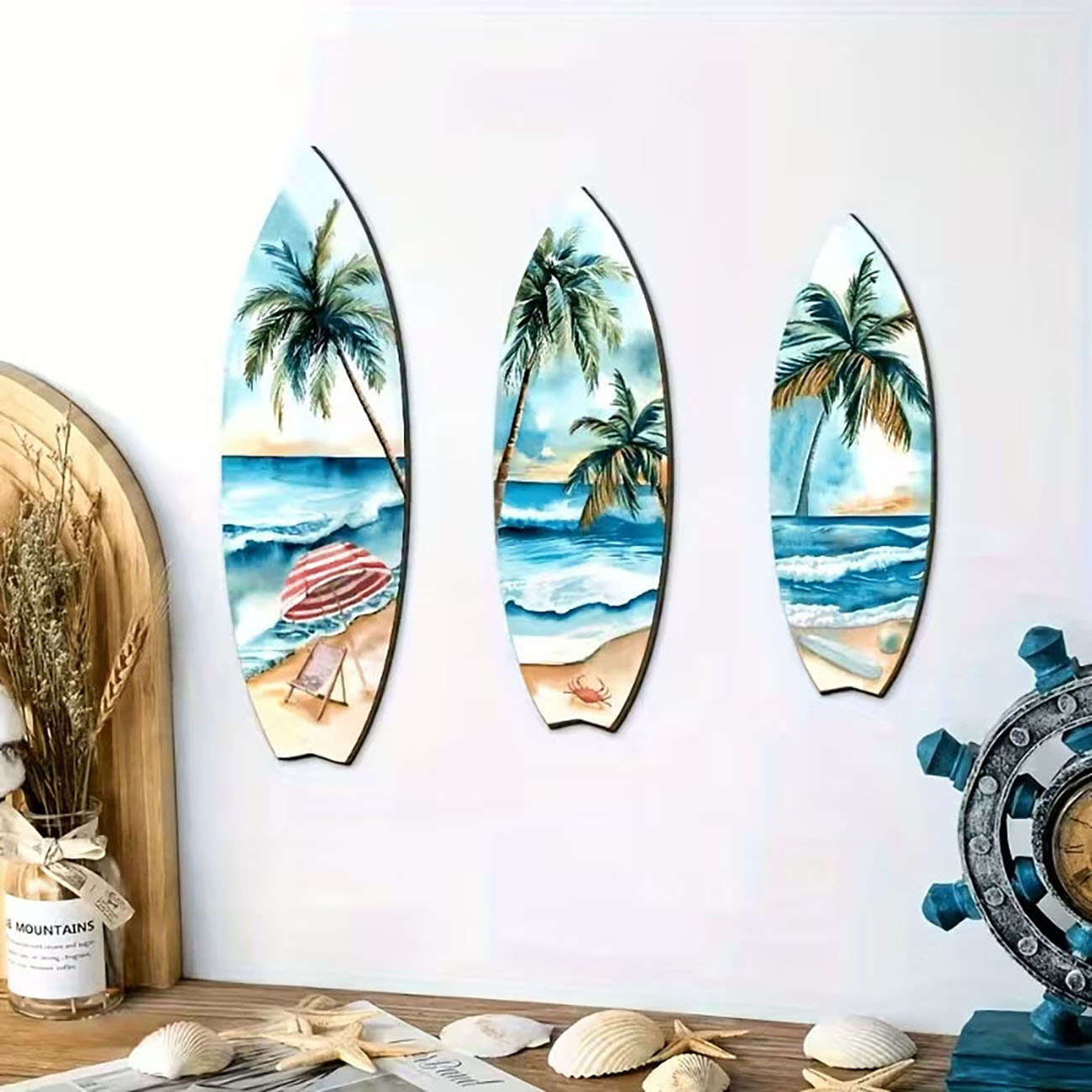 Woodworking Room - 3-delige Ocean View surfplank houten wanddecoratie